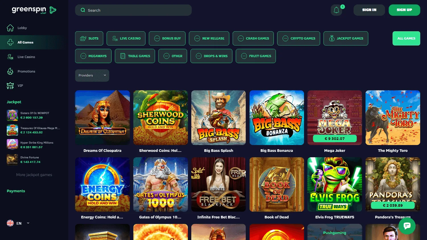 Greenspin Casino desktop games screen