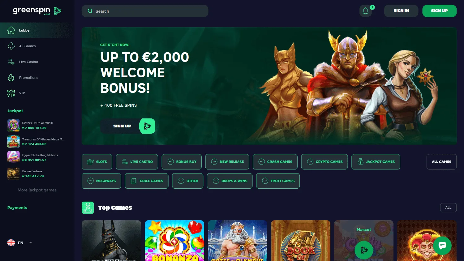 Greenspin Casino desktop home screen