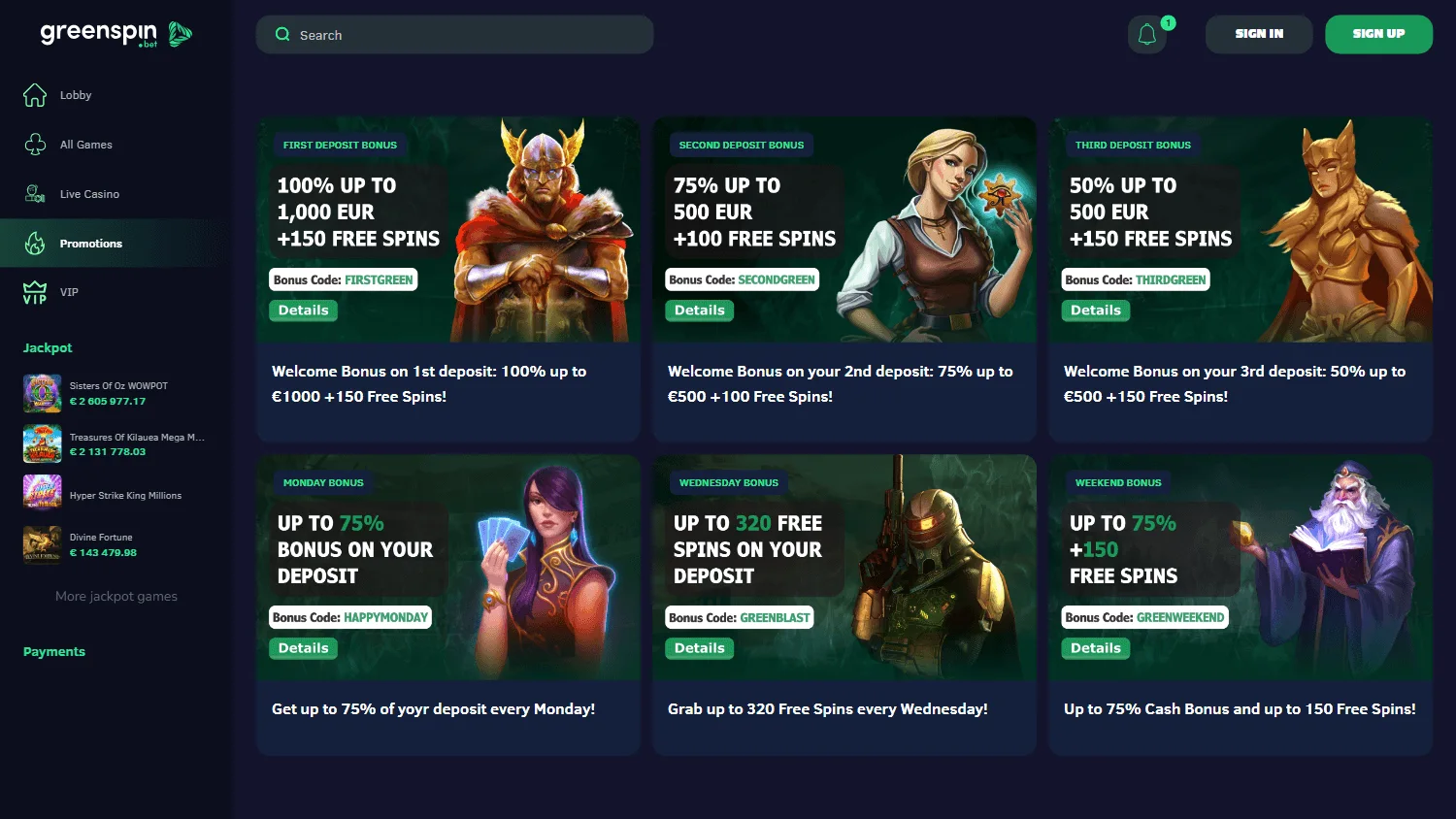 Greenspin Casino desktop promotions screen