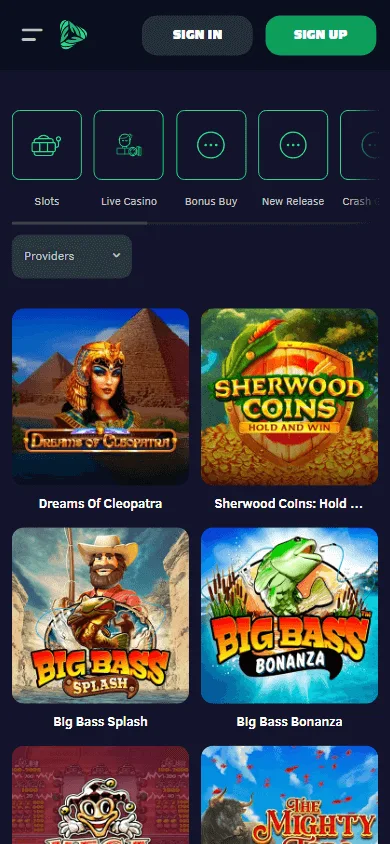 Greenspin Casino mobile games screen